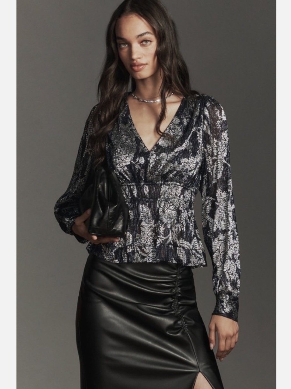 NWT BY ANTHROPOLOGIE METALLIC SMOCKED LONG-SLEEVE SHIRT